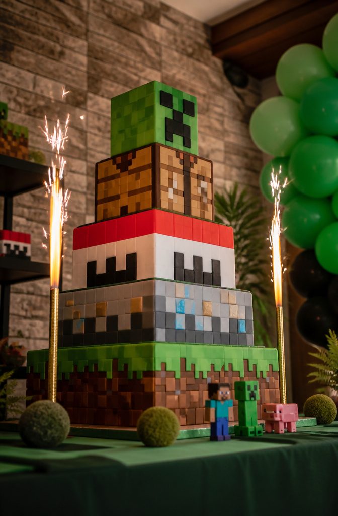 Five-tier cake with Minecraft-themed designs on each layer.