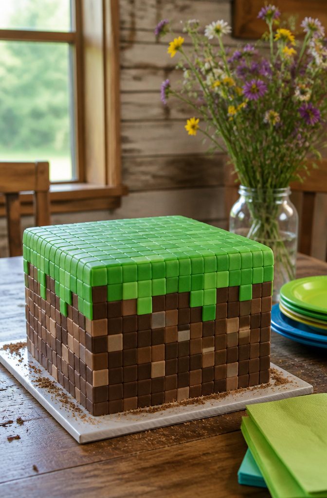 Cube cake with green fondant on top and brown sides.