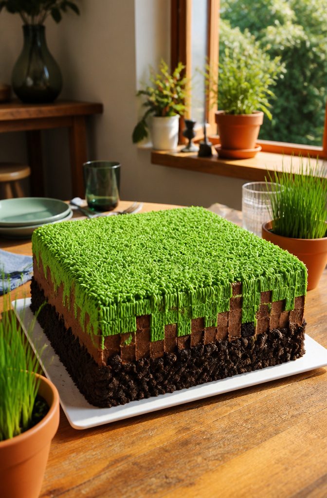 Square chocolate cake with piped green buttercream grass texture.