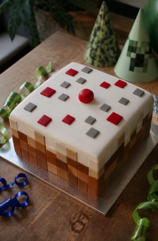 Square vanilla cake with light brown fondant and pixelated design.