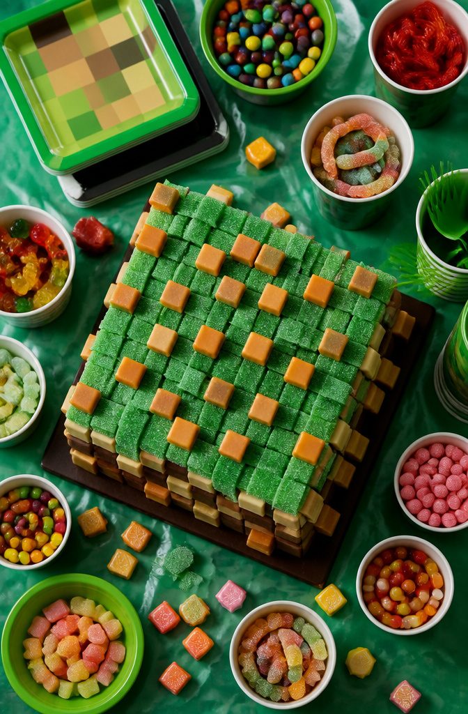 Minecraft-themed cake decorated with candy resembling game elements.