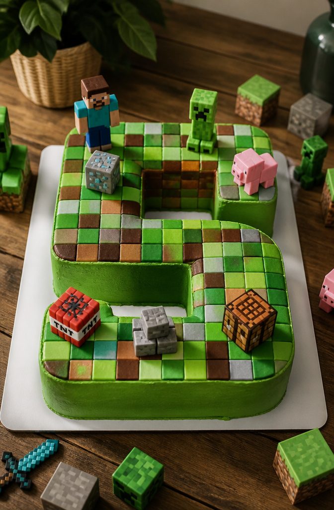 Number-shaped cake with pixelated texture and smooth green sides.