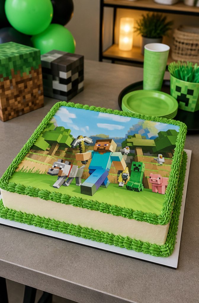 Cake featuring an edible image of Minecraft characters.