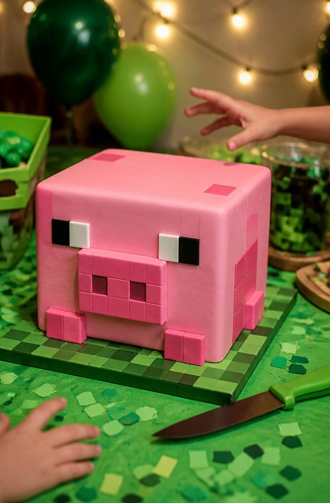 3D pig cake with pink fondant and detailed facial features.