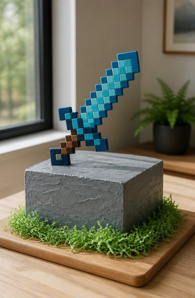 Cake topped with pixelated sword made from small fondant squares.