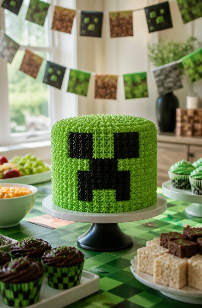 Round green cake with piped black eyes and mouth for Creeper face.