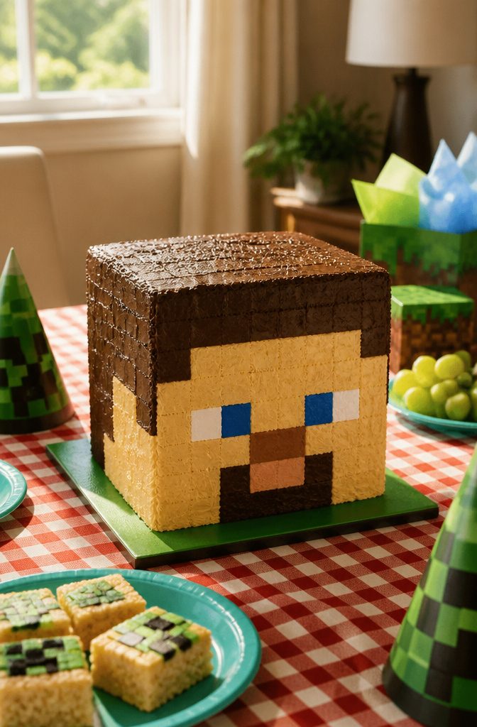 Cube cake with skin-tone buttercream and detailed features for Steve.