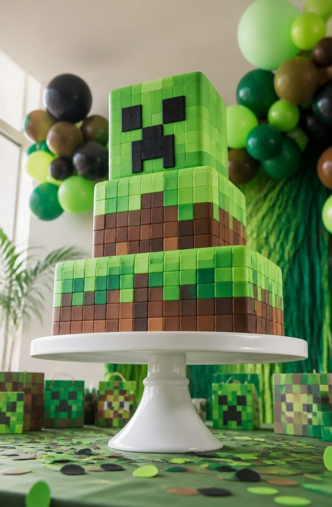 Three-tier cake with grass block pattern and Creeper face on top.