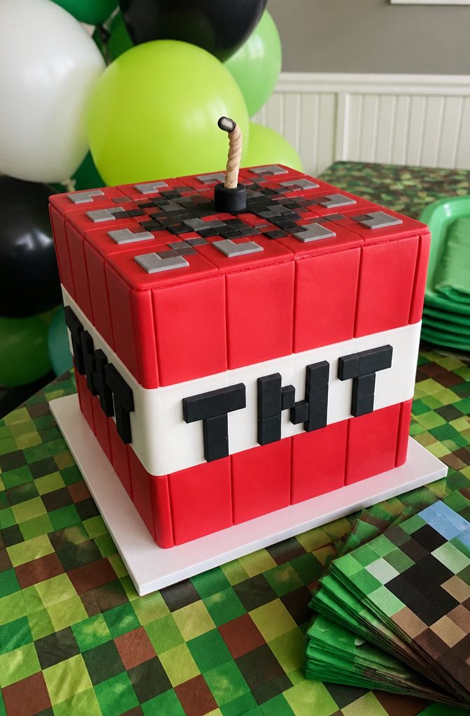 Square cake wrapped in red fondant with black TNT lettering.