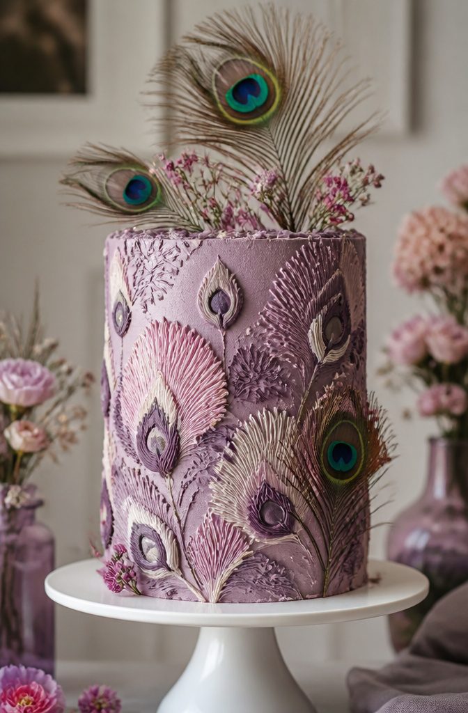 16 Peacock Cake Ideas for Birthdays, Weddings and More 11 A cake with a textured mauve surface and real peacock feathers on top.