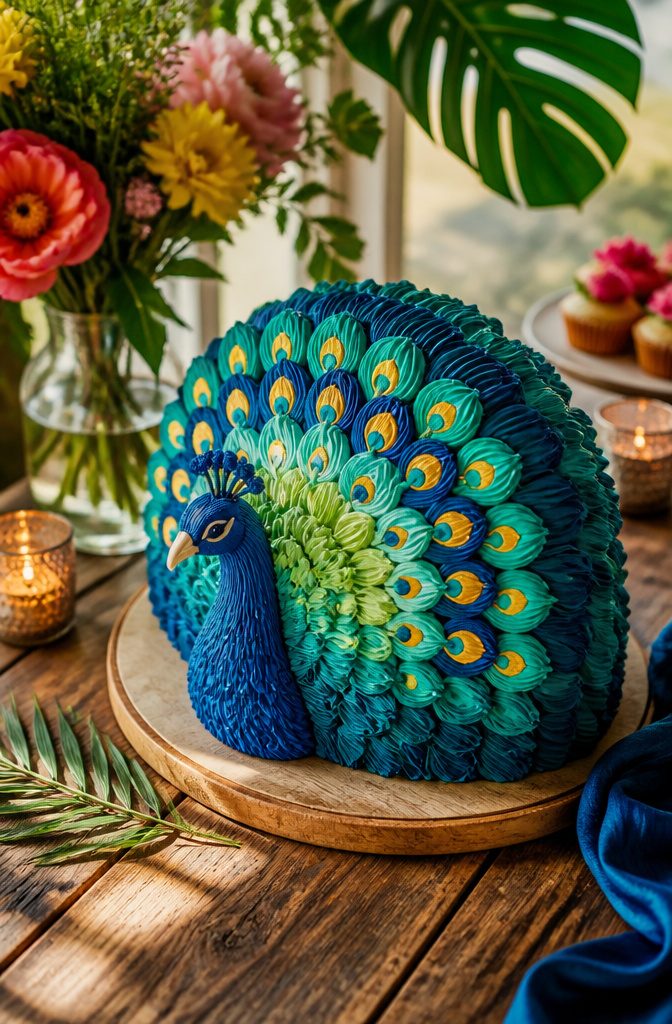 16 Peacock Cake Ideas for Birthdays, Weddings and More 9 A half-round cake decorated with layered buttercream feathers in dark blues and greens.
