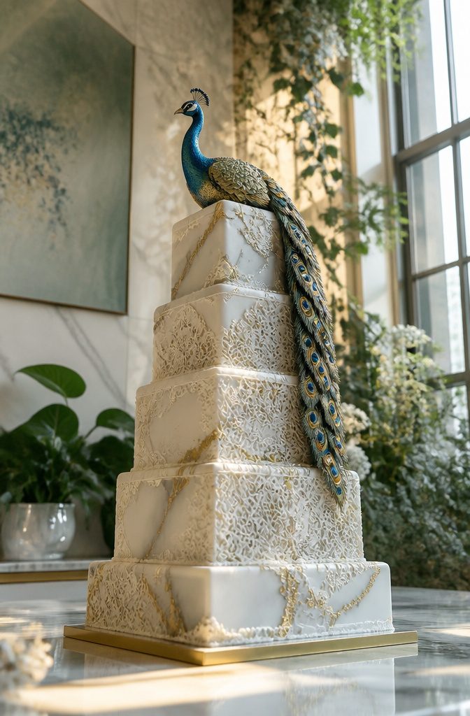16 Peacock Cake Ideas for Birthdays, Weddings and More 5 A square cake with carved marble-look fondant and a peacock made from gum paste.