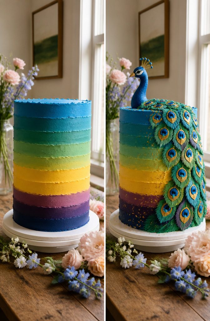 16 Peacock Cake Ideas for Birthdays, Weddings and More 18 Colors used in a peacock cake include teal, blue, green, yellow, violet, and dark blue.