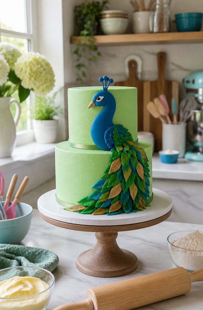 16 Peacock Cake Ideas for Birthdays, Weddings and More 13 A green frosting cake topped with a fondant peacock head and tail leaves.