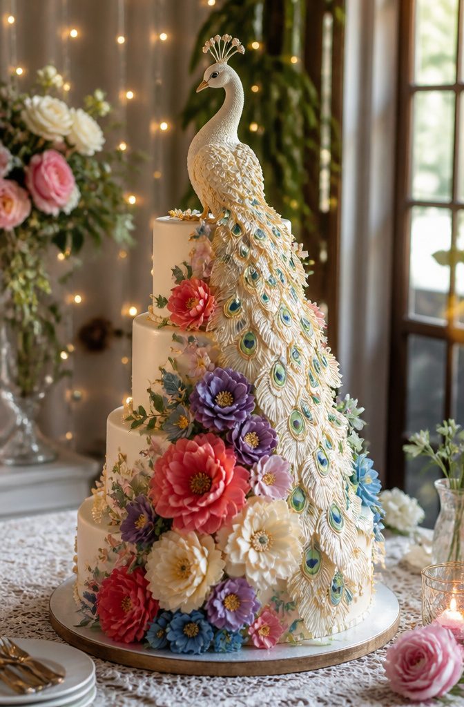 16 Peacock Cake Ideas for Birthdays, Weddings and More 6 A cake adorned with a white chocolate peacock and vibrant sugar flowers.