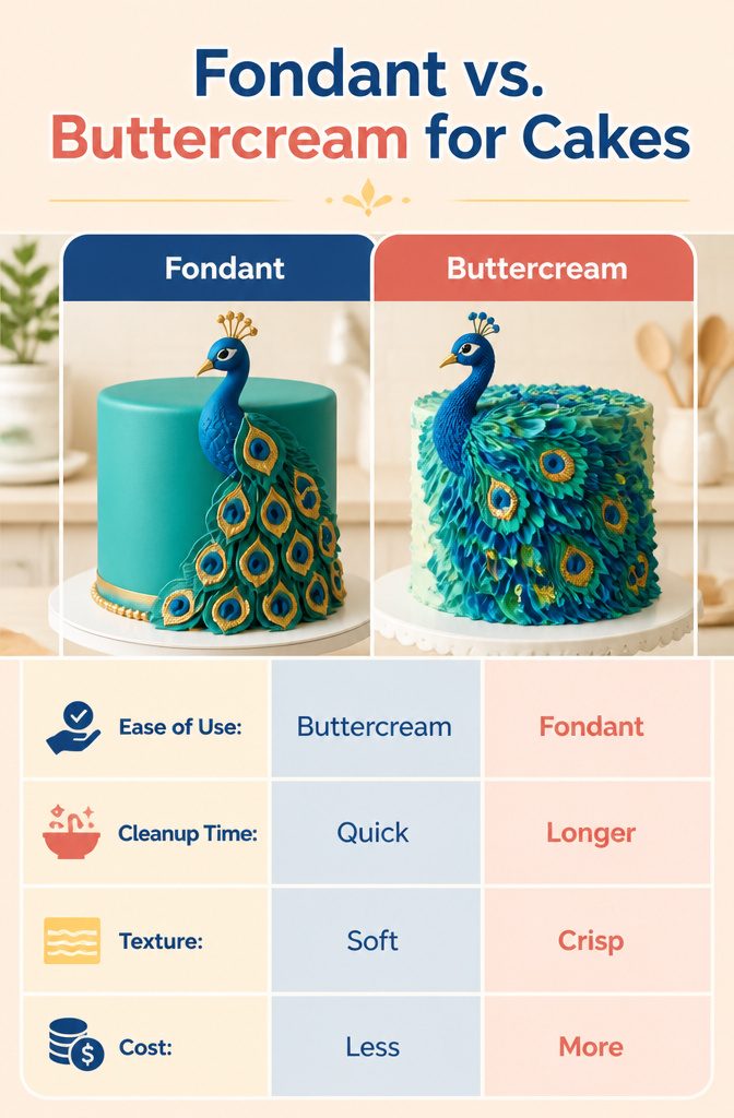 16 Peacock Cake Ideas for Birthdays, Weddings and More 19 An informational image comparing buttercream and fondant for cake decoration.