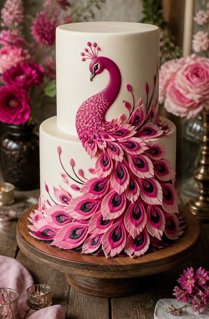 16 Peacock Cake Ideas for Birthdays, Weddings and More 3 A cake with cream-colored fondant and a bright fuchsia peacock painted on it.