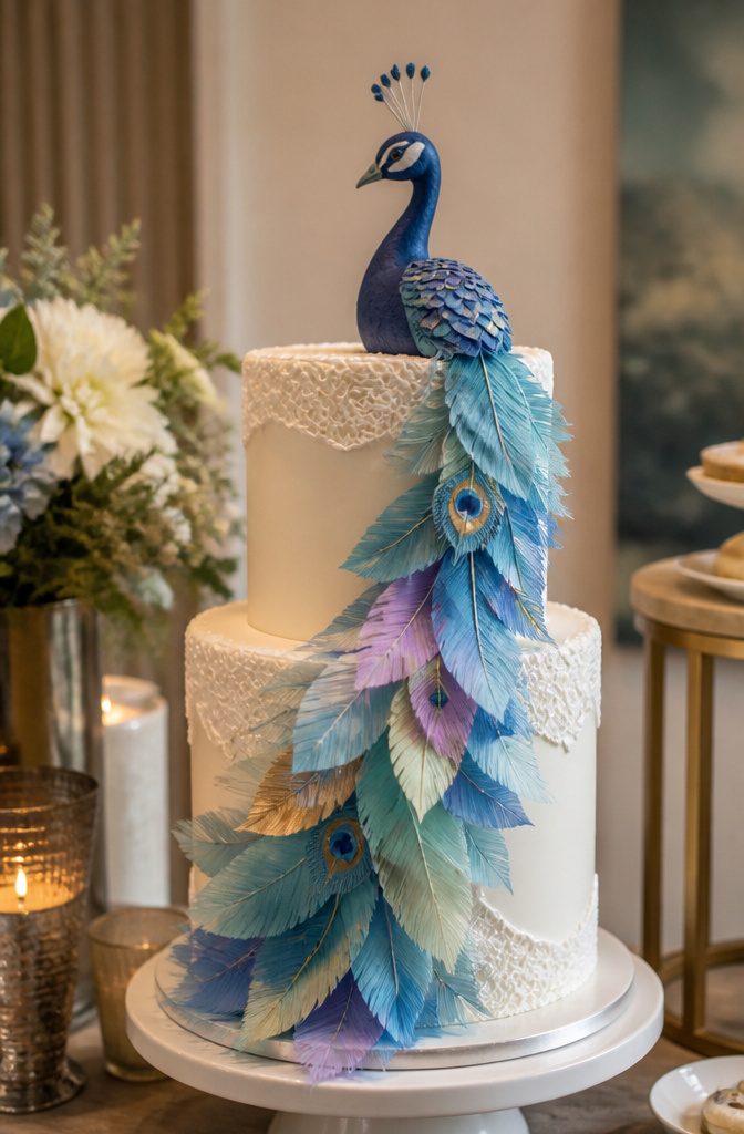 16 Peacock Cake Ideas for Birthdays, Weddings and More 10 A cake adorned with colorful wafer paper feathers and fondant lace.