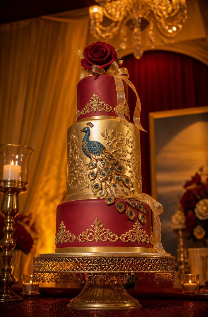 16 Peacock Cake Ideas for Birthdays, Weddings and More 4 A red and gold cake with a large middle tier and a peacock design.