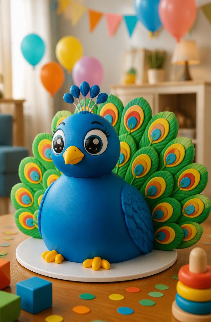 16 Peacock Cake Ideas for Birthdays, Weddings and More 8 A cartoonish peacock cake with a rounded body and vibrant blue fondant.