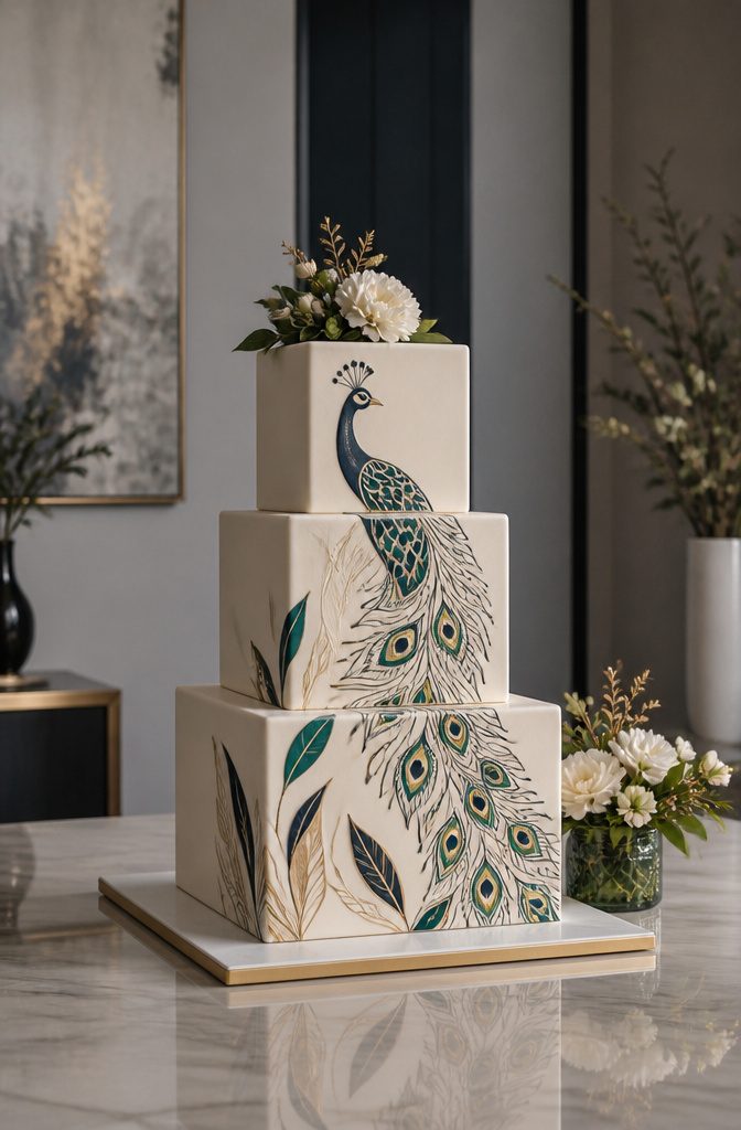 16 Peacock Cake Ideas for Birthdays, Weddings and More 7 A contemporary square cake with hand-drawn geometric peacock illustrations.