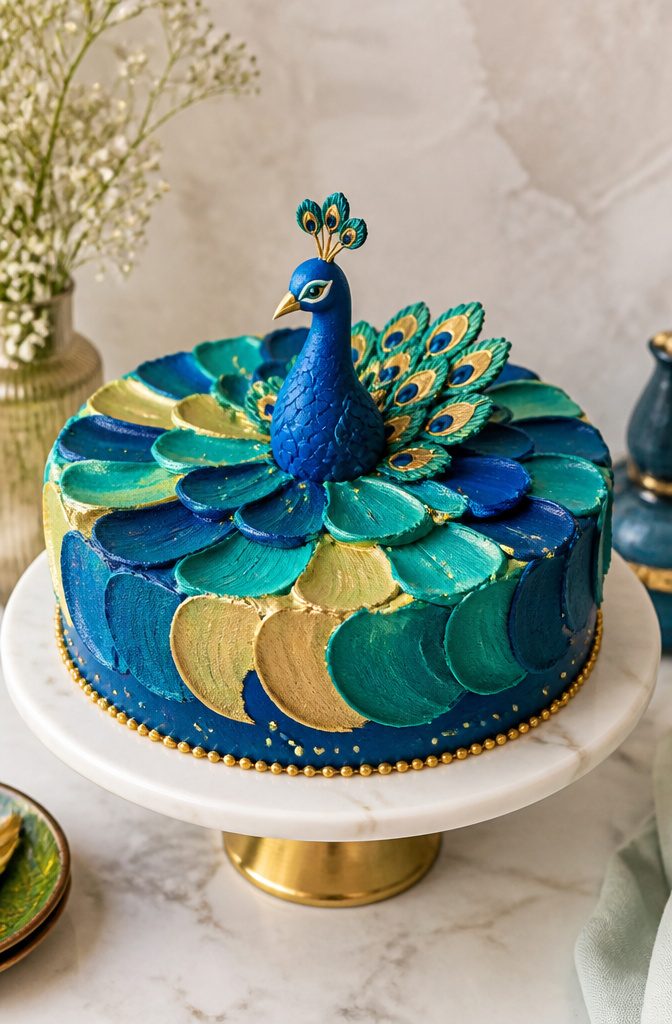 16 Peacock Cake Ideas for Birthdays, Weddings and More 16 A cake swirled with blue, teal, emerald, and gold buttercream.