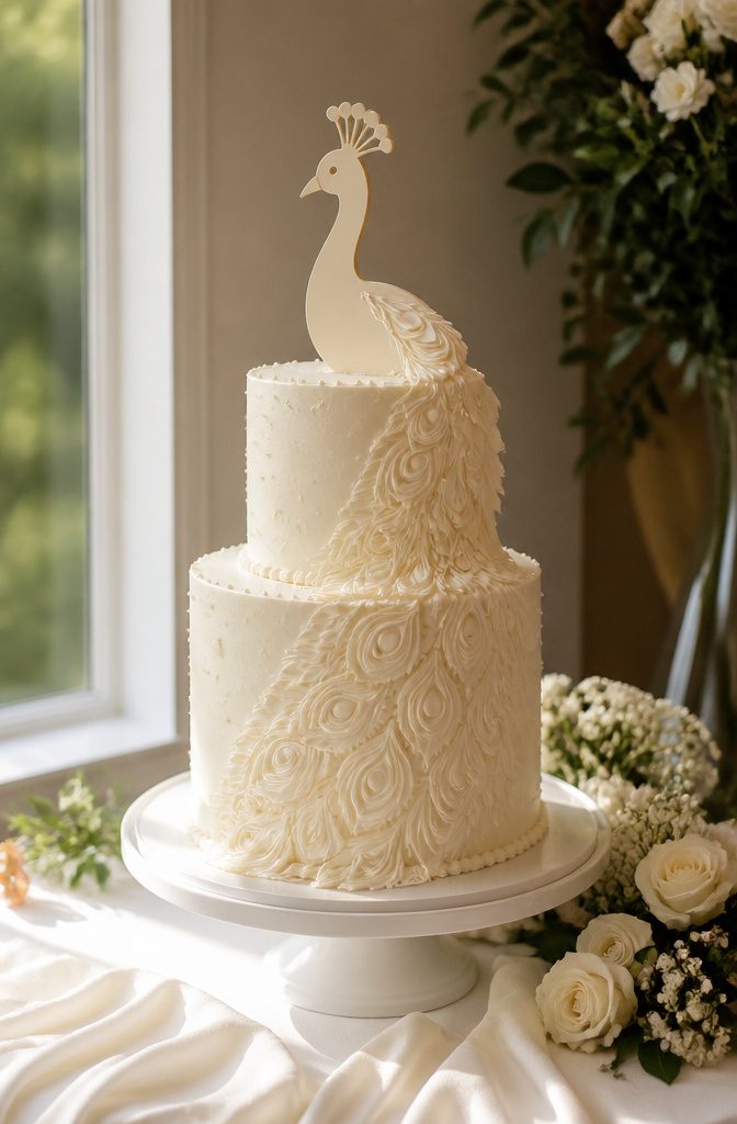 16 Peacock Cake Ideas for Birthdays, Weddings and More 12 A white peacock cake with a cardboard head and delicate piping details.