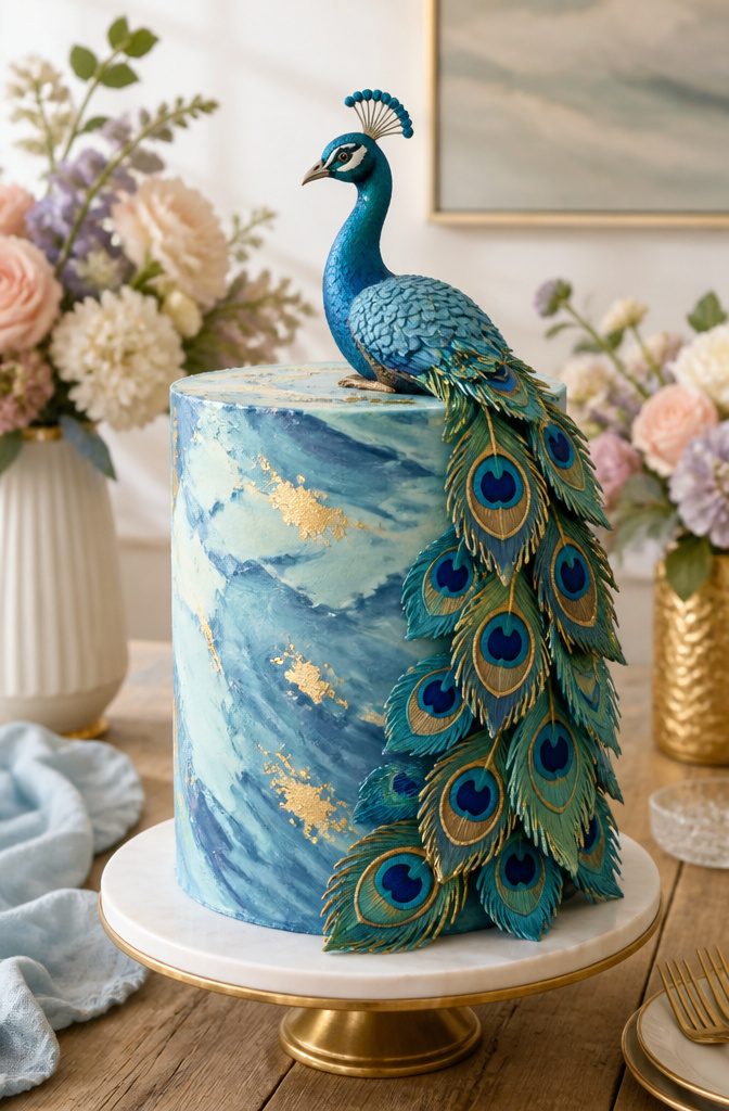 16 Peacock Cake Ideas for Birthdays, Weddings and More 14 A cake with marbled blue buttercream and a premade peacock body topper.