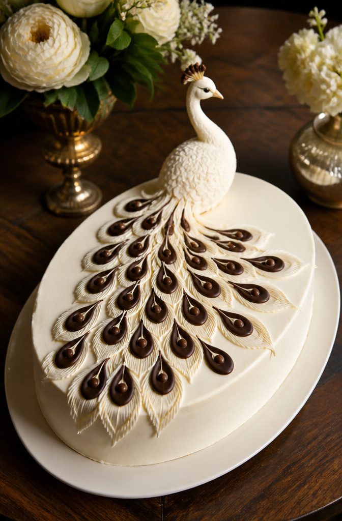 16 Peacock Cake Ideas for Birthdays, Weddings and More 17 A smooth oval cake decorated with chocolate feathers and white buttercream.