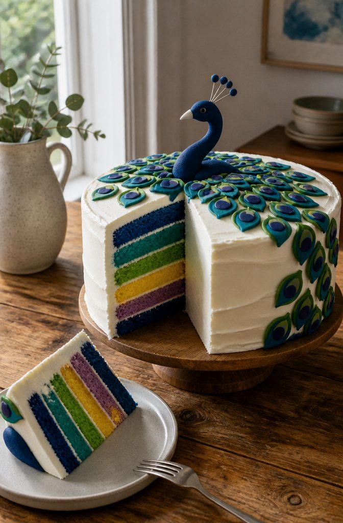 16 Peacock Cake Ideas for Birthdays, Weddings and More 2 A white layered cake with distinct layers of blue, teal, green, yellow, violet, and dark blue.