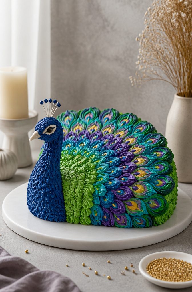 16 Peacock Cake Ideas for Birthdays, Weddings and More 15 A cake with a flat edge decorated with bright layers of piped buttercream.