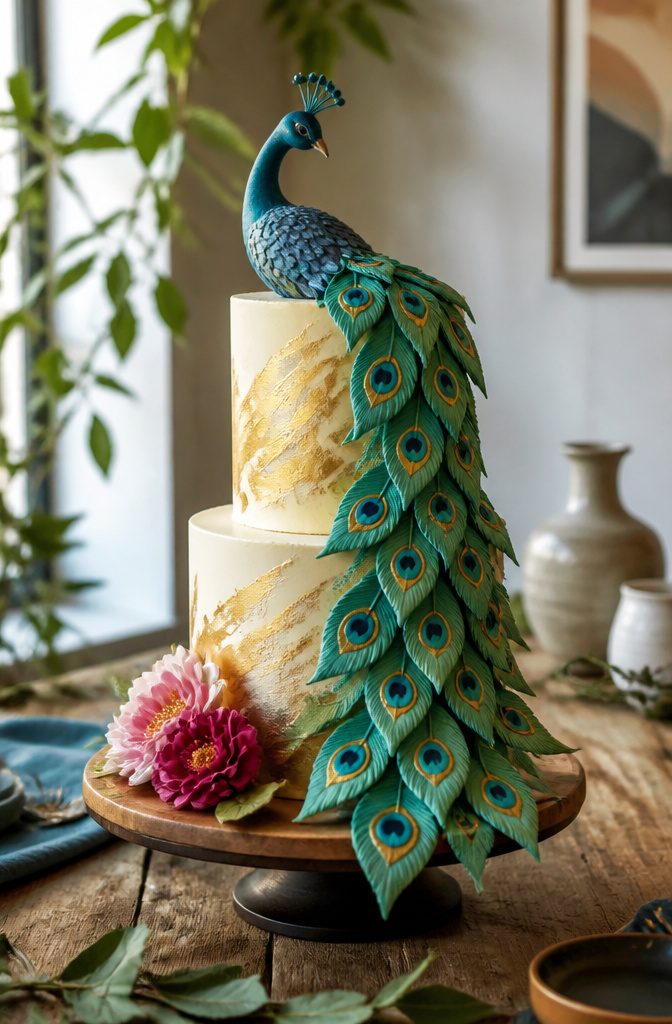 16 Peacock Cake Ideas for Birthdays, Weddings and More 21 A cake with chocolate layers and colorful wafer paper feathers.