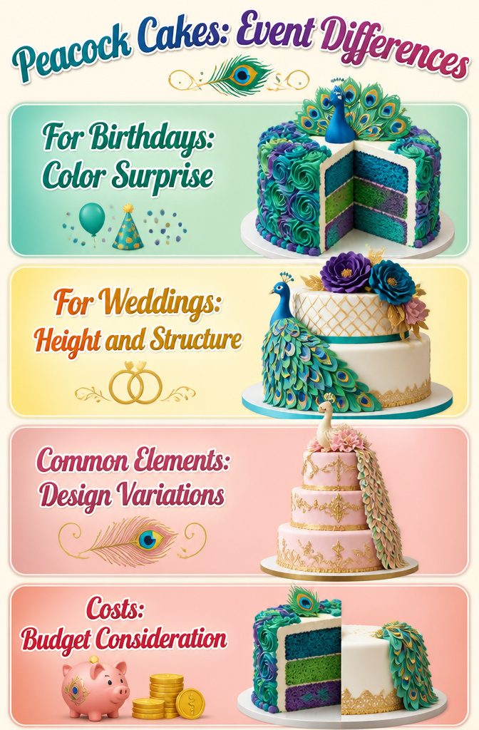 16 Peacock Cake Ideas for Birthdays, Weddings and More 20 An informational image discussing event differences for peacock cakes.
