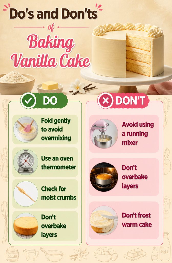 Perfect Vanilla Cake Recipe with Buttercream Frosting 7 Visual guide showing do's and don'ts of baking vanilla cake.