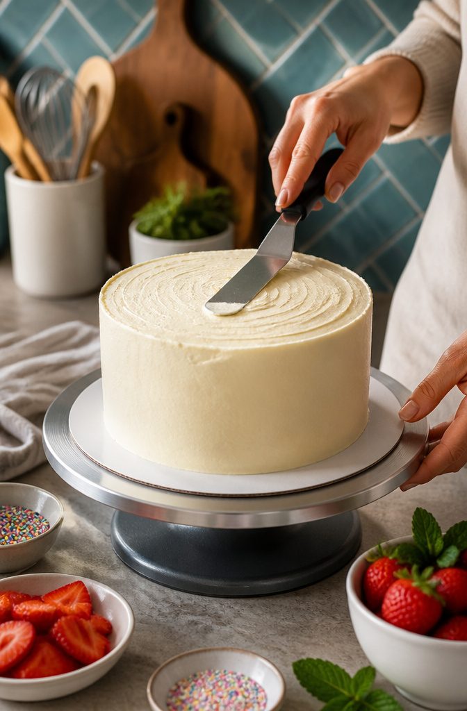 Perfect Vanilla Cake Recipe with Buttercream Frosting 9 A cake being decorated with buttercream and fresh fruit.