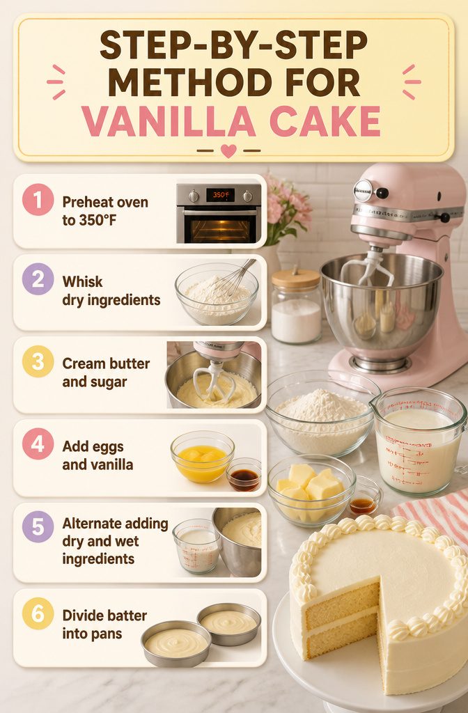Perfect Vanilla Cake Recipe with Buttercream Frosting 3 Instructions for preparing vanilla cake batter, including mixing and baking steps.