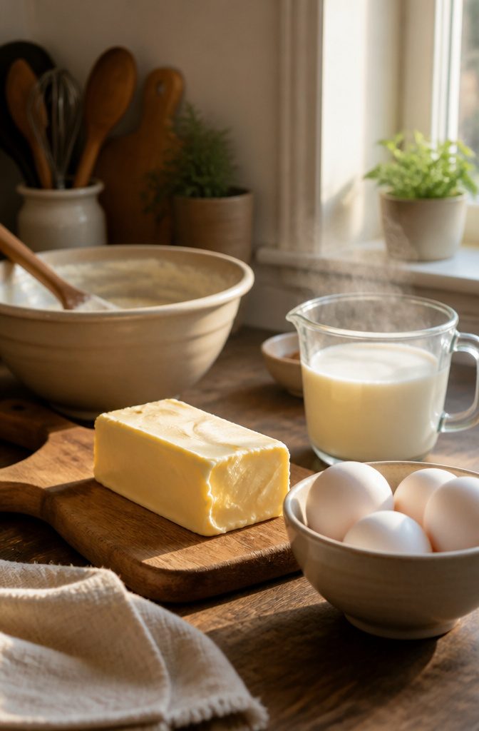 Perfect Vanilla Cake Recipe with Buttercream Frosting 4 Soft butter and fresh egg whites on a wooden cutting board.