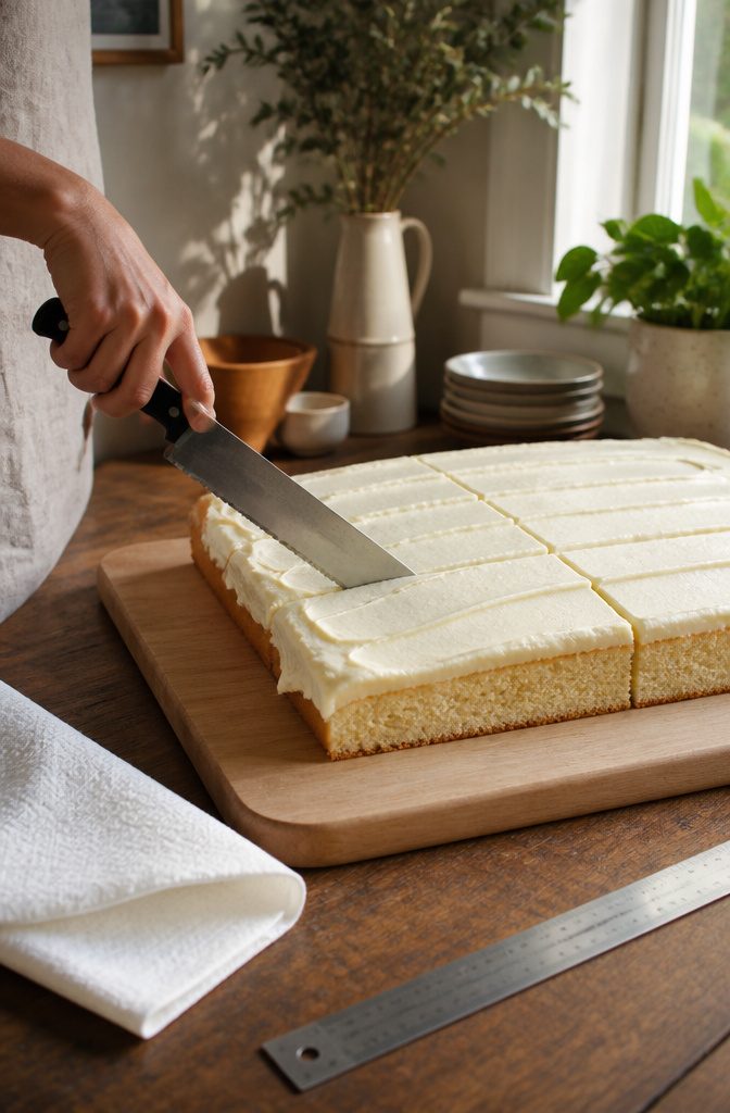 Sheet Cake Slices Recipe: Classic Vanilla with Cutting Guide 7 Close-up of cutting a chilled vanilla sheet cake with a serrated knife.