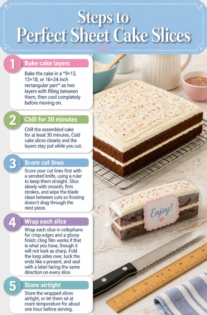 Sheet Cake Slices Recipe: Classic Vanilla with Cutting Guide 3 Instructions for cutting sheet cake into slices.