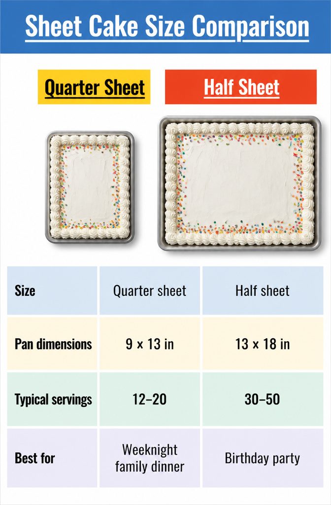 Sheet Cake Slices Recipe: Classic Vanilla with Cutting Guide 4 Chart showing different sheet cake sizes and servings.