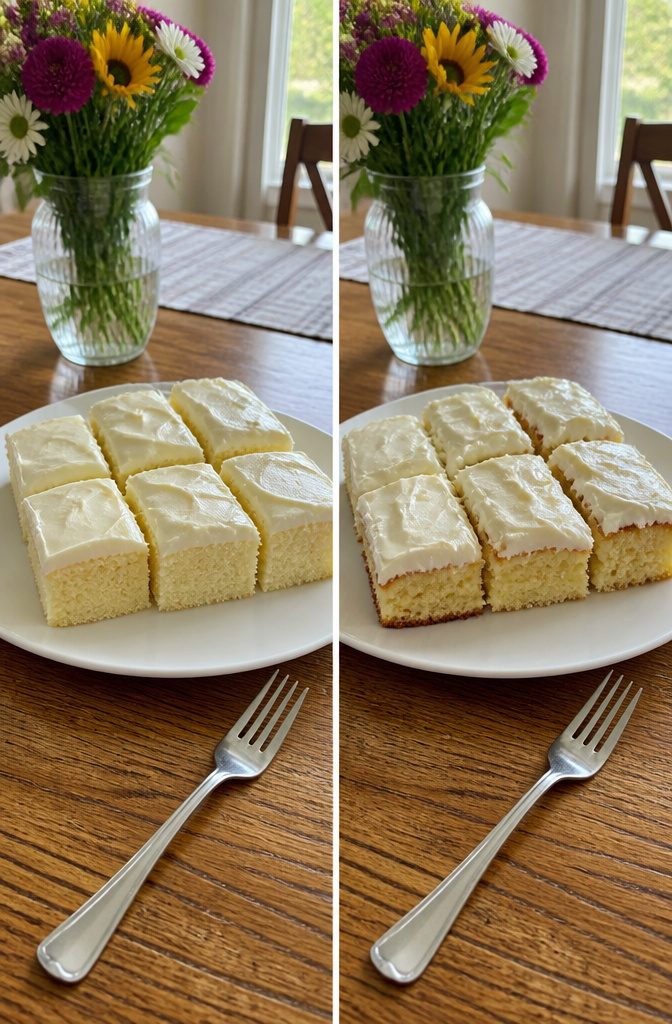 Sheet Cake Slices Recipe: Classic Vanilla with Cutting Guide 6 Two sizes of cake slices displayed on a plate.