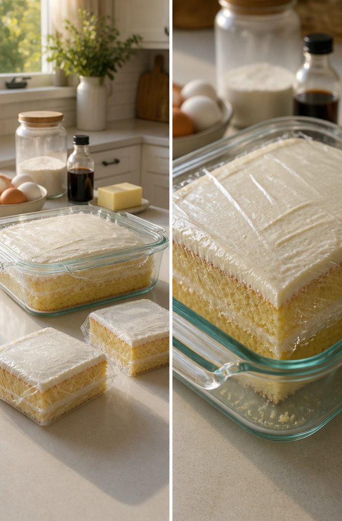 Sheet Cake Slices Recipe: Classic Vanilla with Cutting Guide 8 Frosted sheet cake and individual slices wrapped for storage.