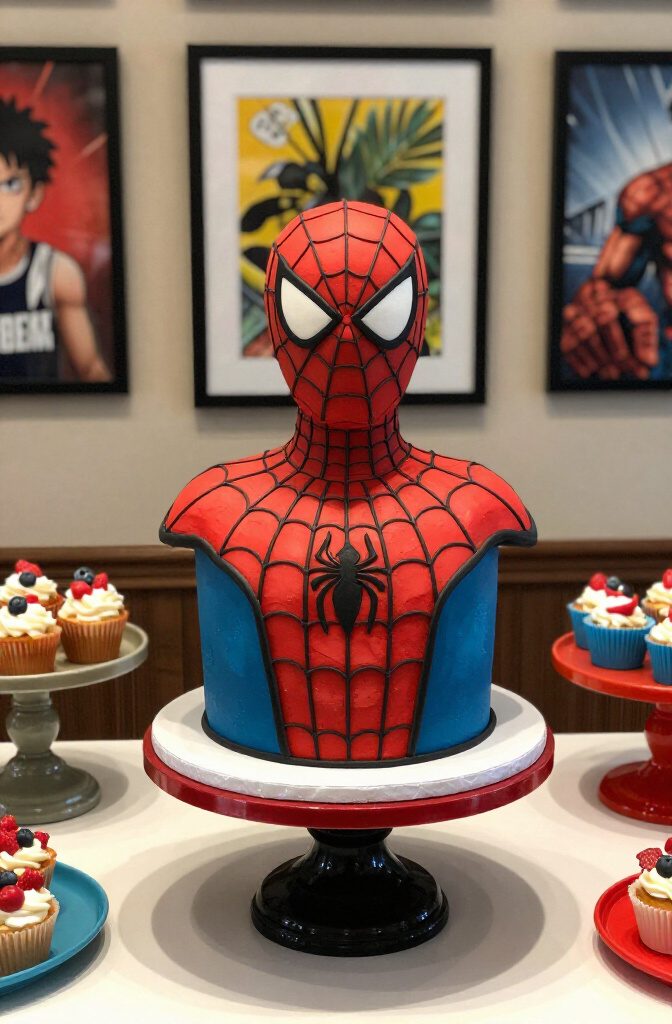 A cake shaped like Spider-Man's head and shoulders.