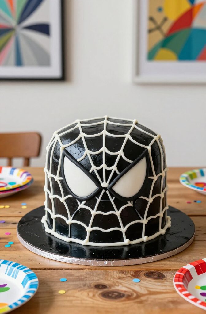 A black cake with white piped webbing design.