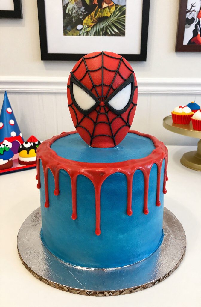 A blue cake with red ganache dripping down and Spider-Man on top.