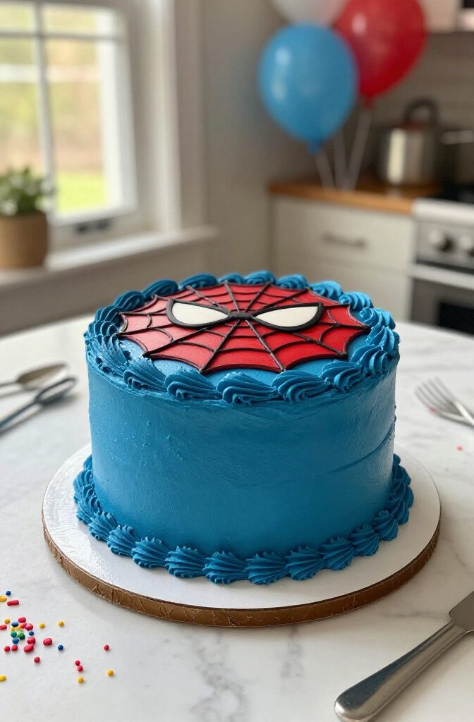 A blue buttercream cake decorated with a red Spider-Man mask.