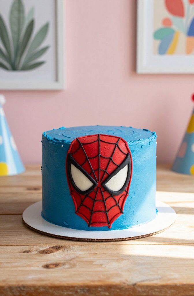 A blue cake with Spider-Man's mask design on top.