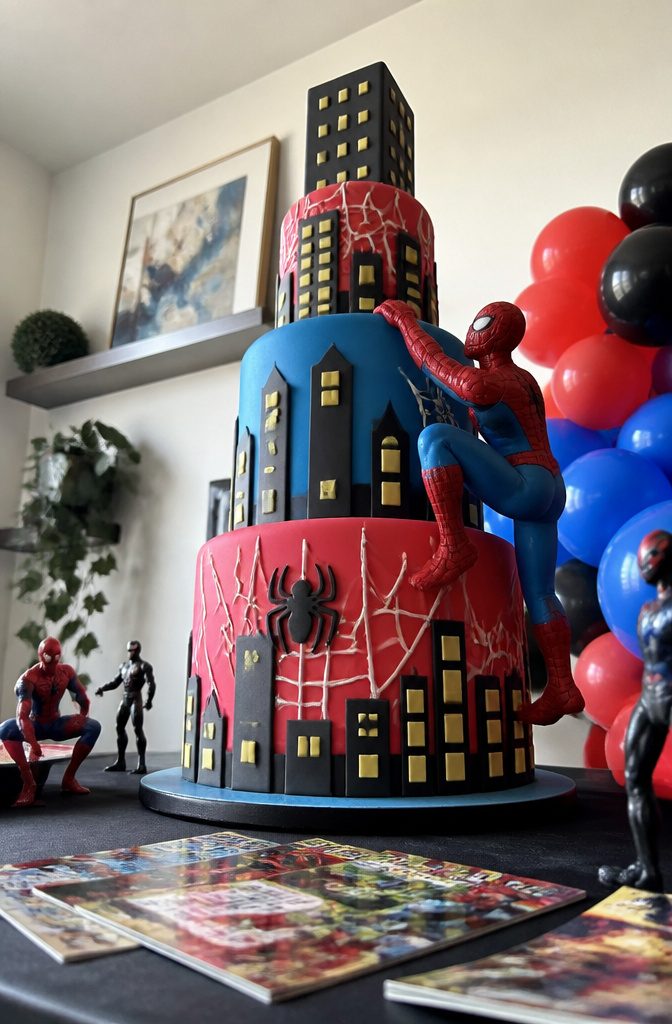 A cake with Spider-Man figure climbing the layered tiers.