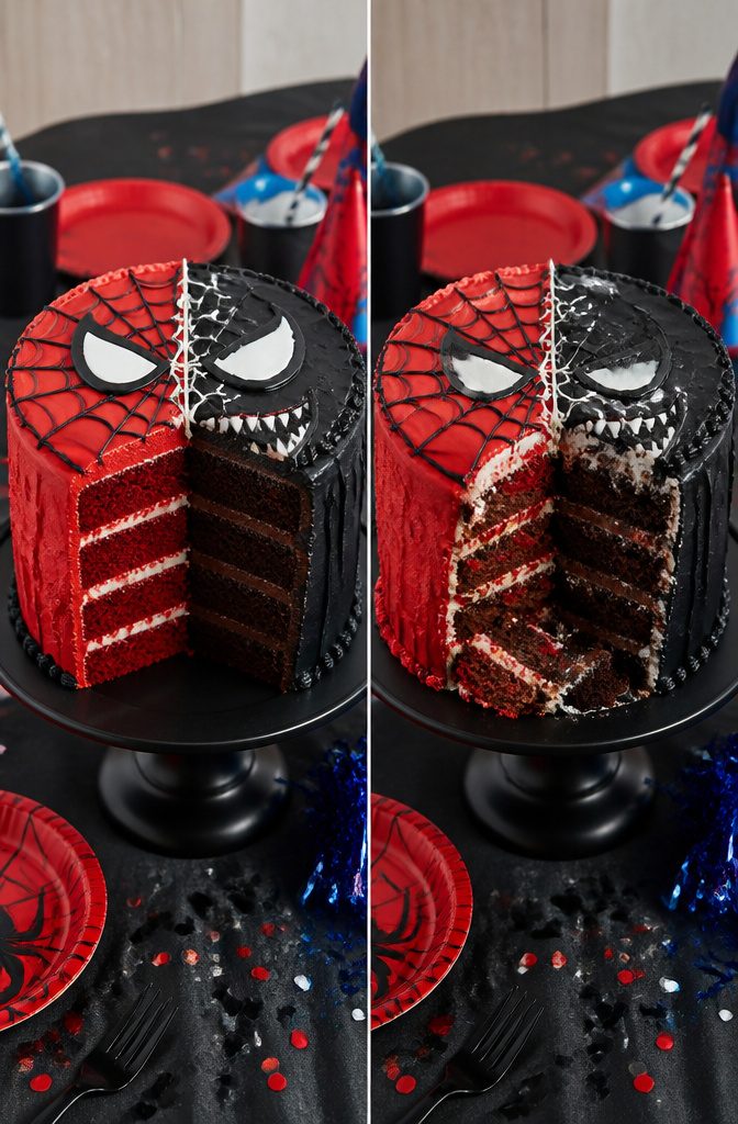 A cake divided between Spider-Man and Venom designs.