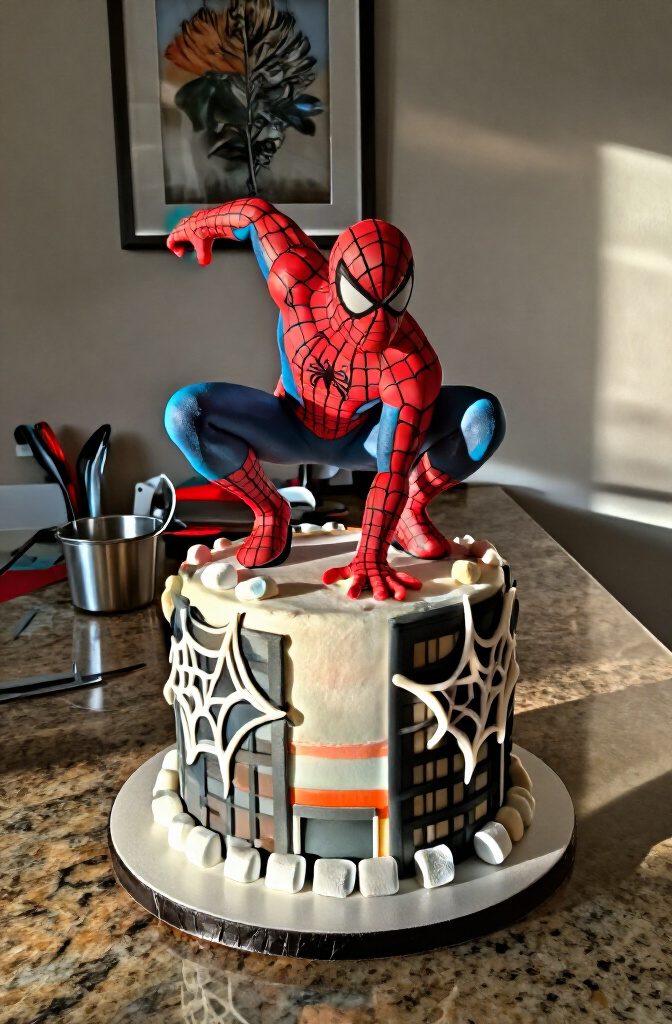A cake with Spider-Man figure suspended from a supporting rod.